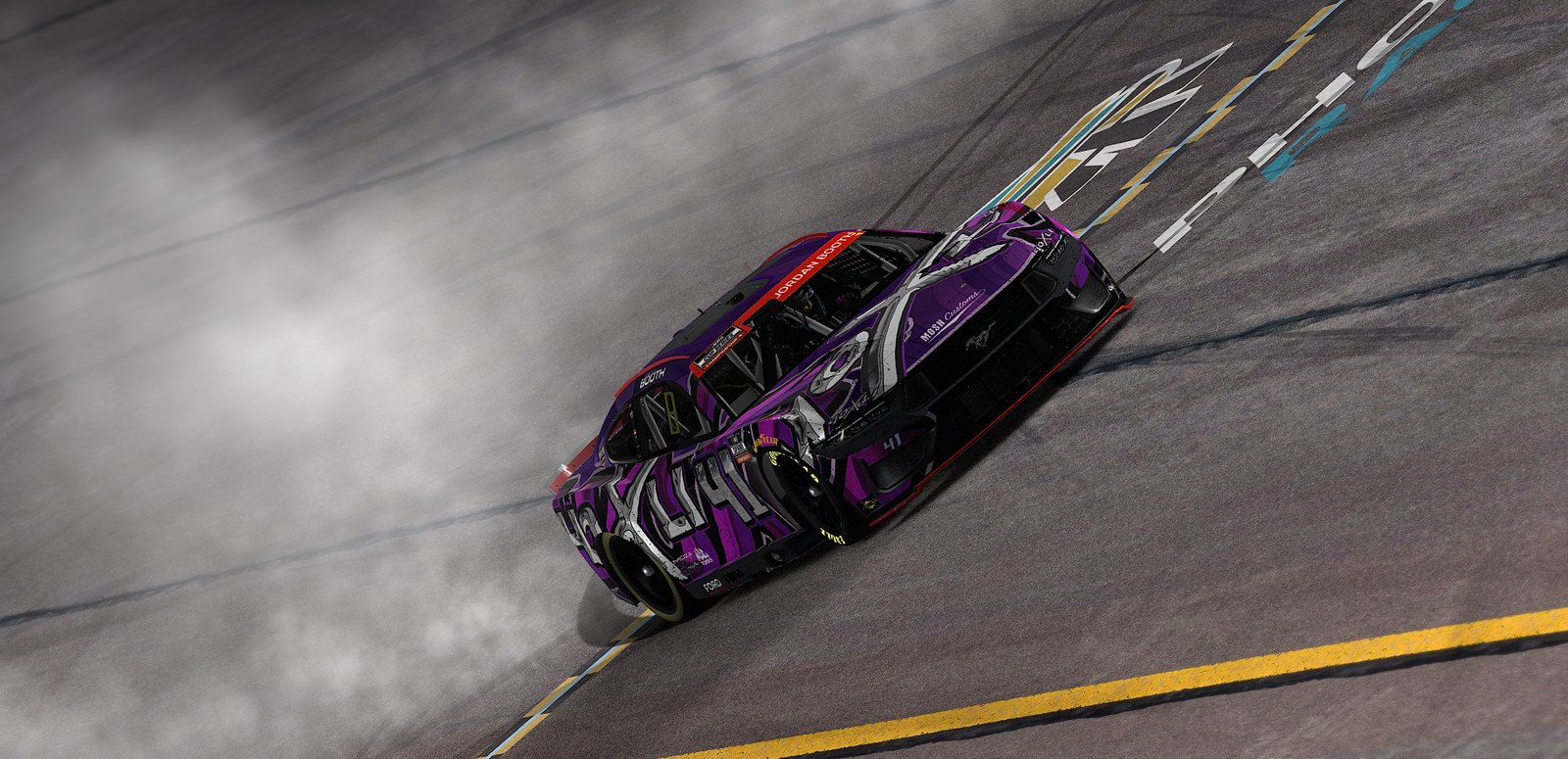 Black and purple 40XLI #41 Ford Mustang doing a burnout