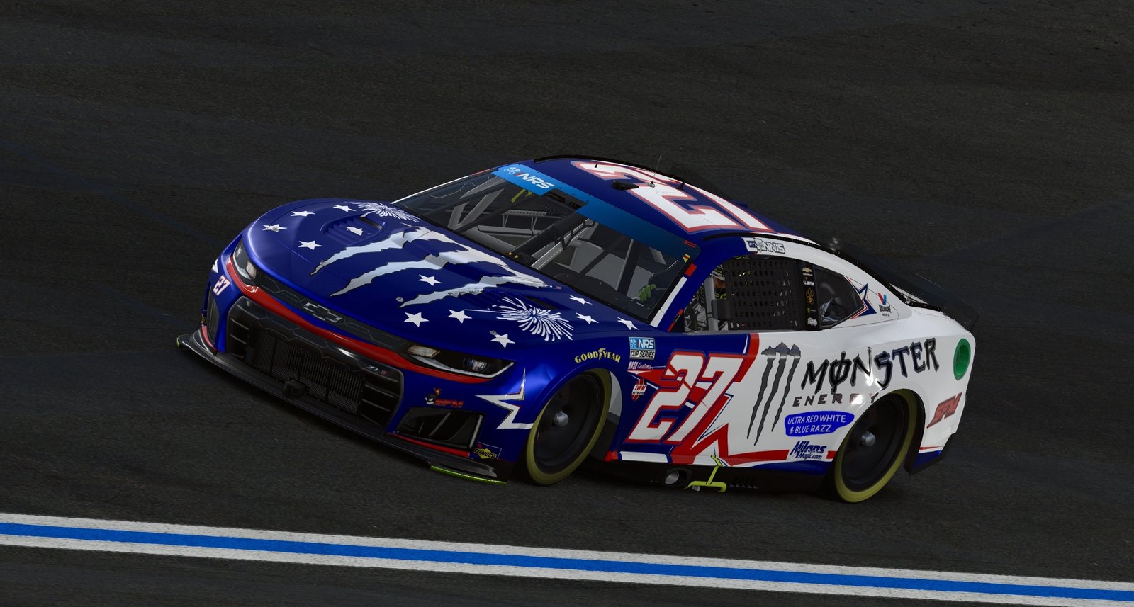 Red, white and blue Monster Energy #27 Chevrolet Camaro